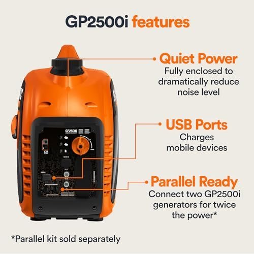 Generac 8251 GP2500i 2,500-Watt Gas Powered Portable Inverter Generator – Compact and Lightweight Design – Produces Clean, Stable Power – COsense Technology – CARB Compliant – Orange/Black