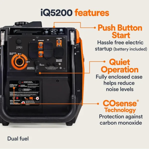 Generac iQ5200 DF 3900 Watt Electric Start Dual Fuel Inverter Generator